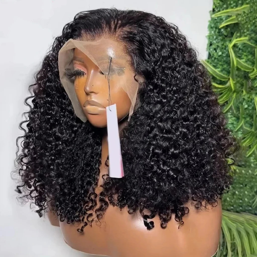 Deep Curly Black Color Short Bob Blunt Cut, 13x4 Lace Frontal Synthetic