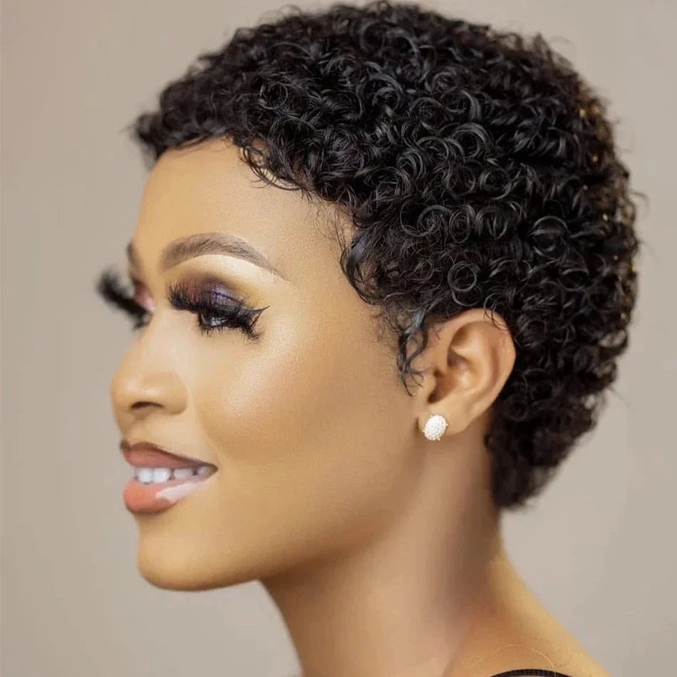 Short Afro Kinky Curly Wigs, 100% Human Hair Pixie Cut Deep Wave