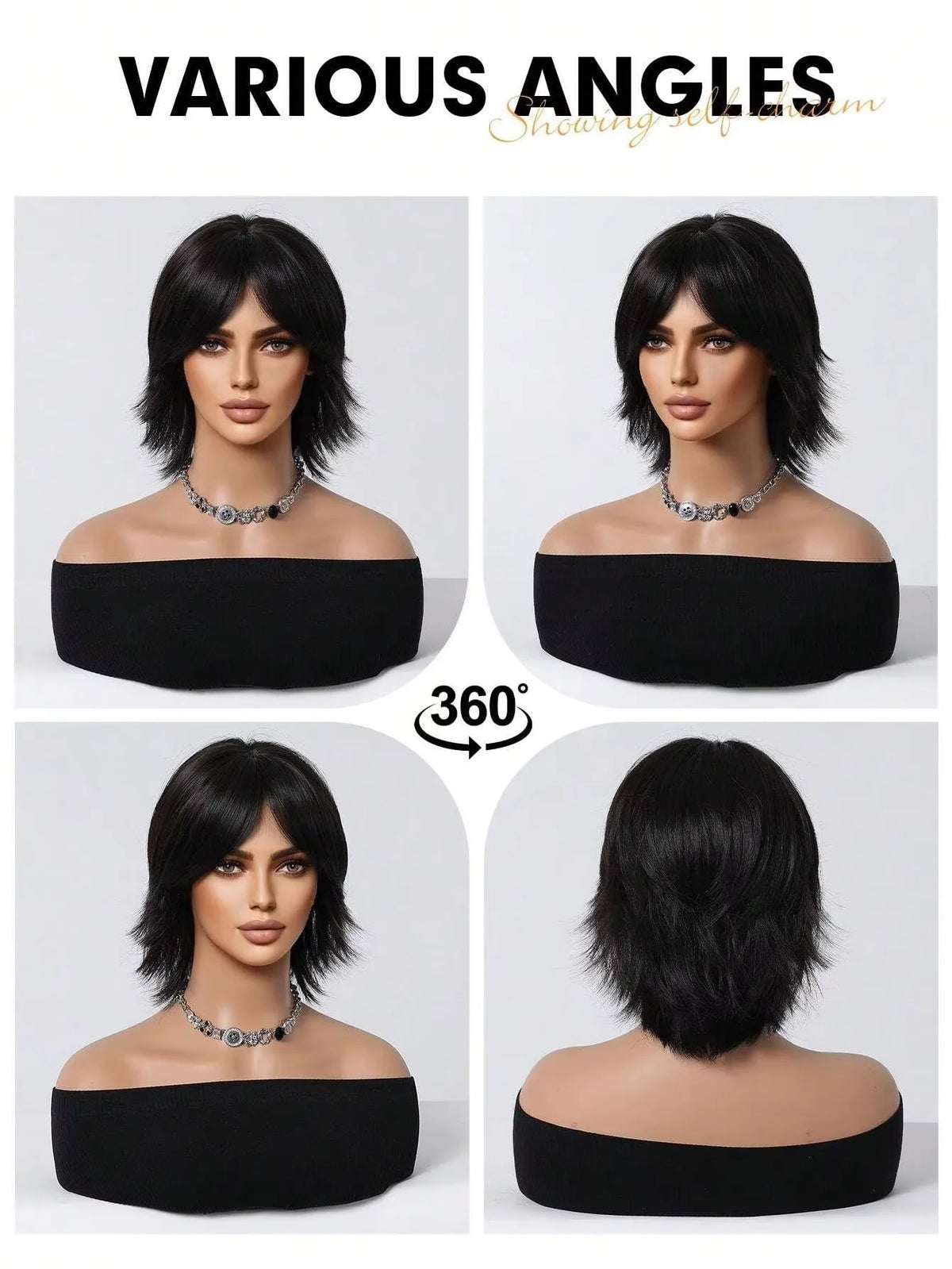 Short Salmon Head Wig Bangs Women's Straight Black Synthetic Party Elf Cut