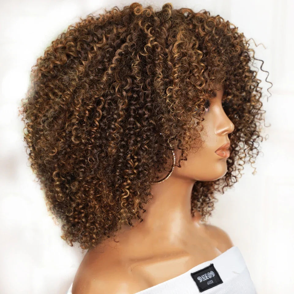 Short Afro Kinky Curly Human Hair Wig with Bangs, Glueless, Full Machine Made, 250% Density, Jerry Curl