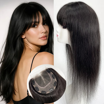 4x4 HD Lace Base Wispy Bangs Topper Natural Black Hair Hairpieces Clips