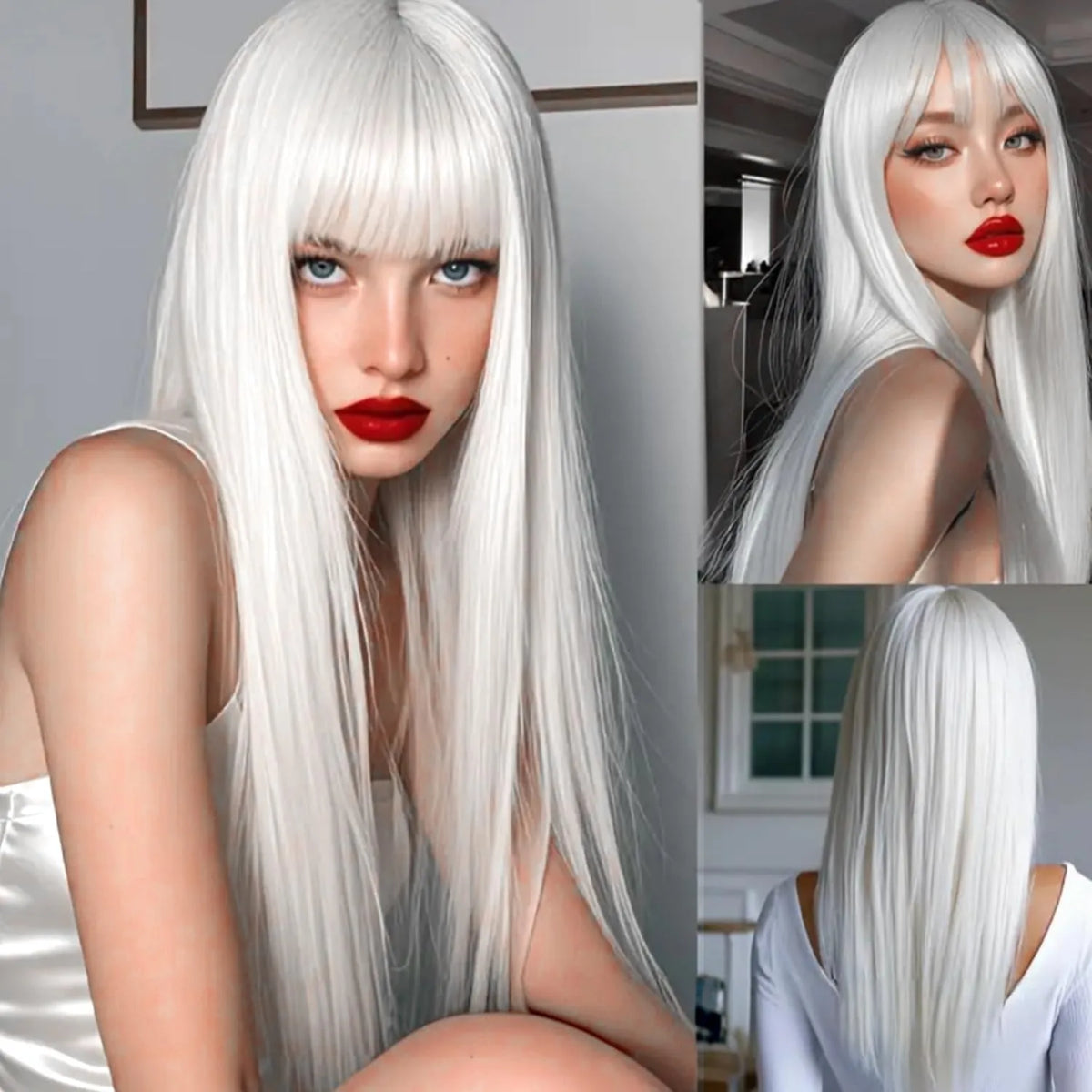 White Straight Synthetic Wig for Halloween Cosplay and Daily Wear, Heat Resistant