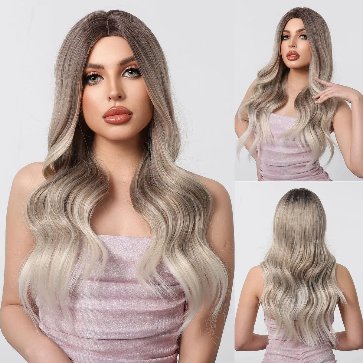 Platinum Blonde White Highlight Dark Roots Synthetic Hair Wigs Long Wavy Cosplay