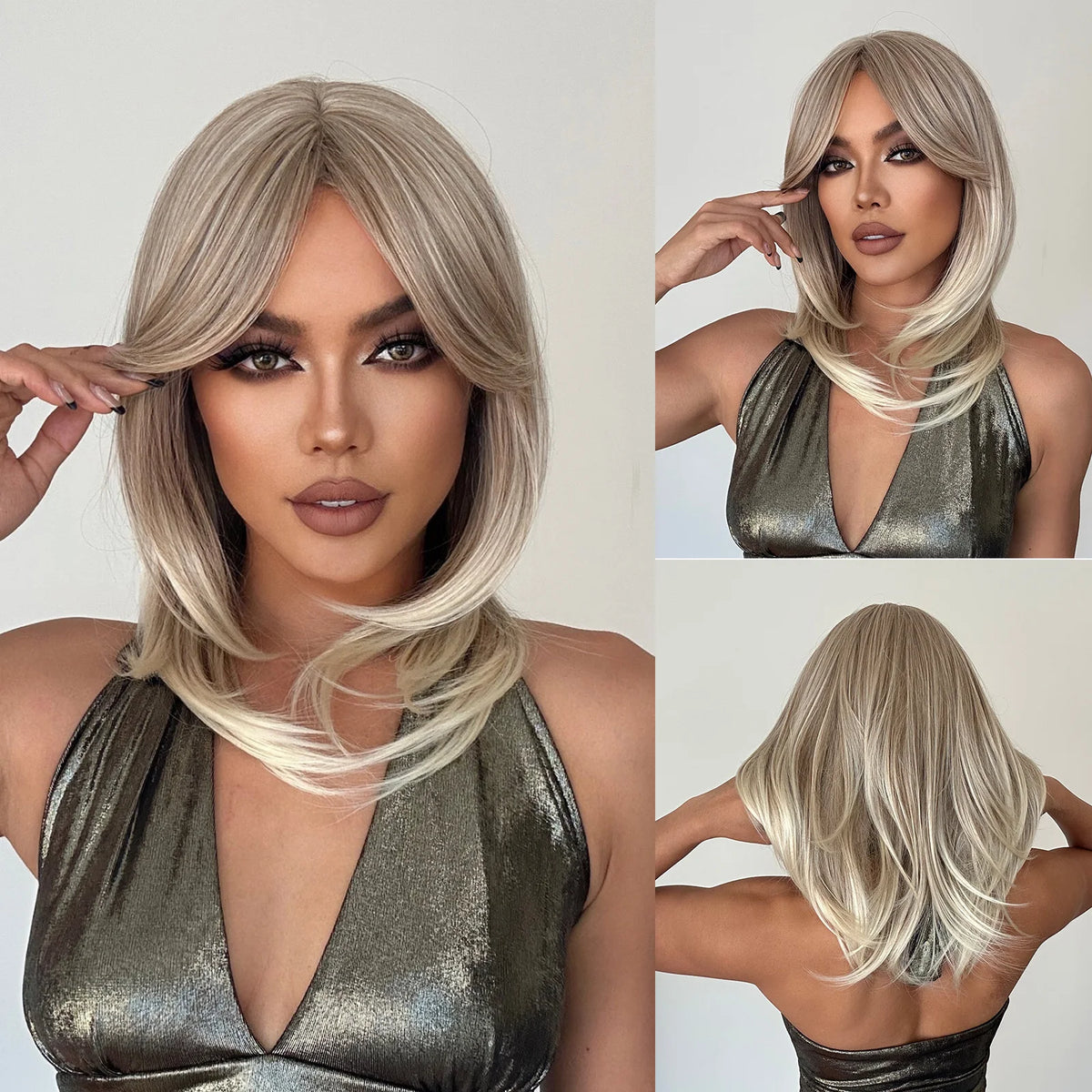 Blonde Straight Synthetic Wigs Bang Medium Length Natural Hair Daily Cosplay Heat