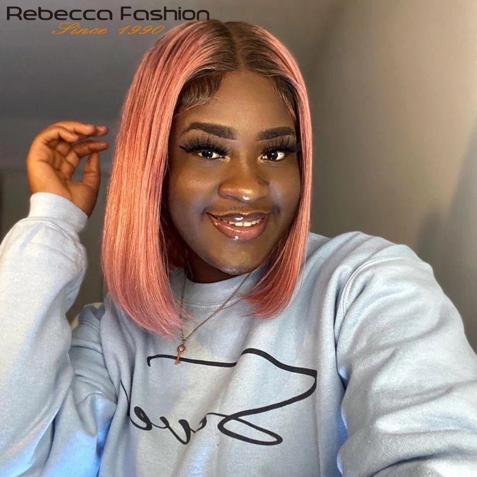 Short Cut Colored Pink Bob T Part Lace Wigs Human Hair 180D