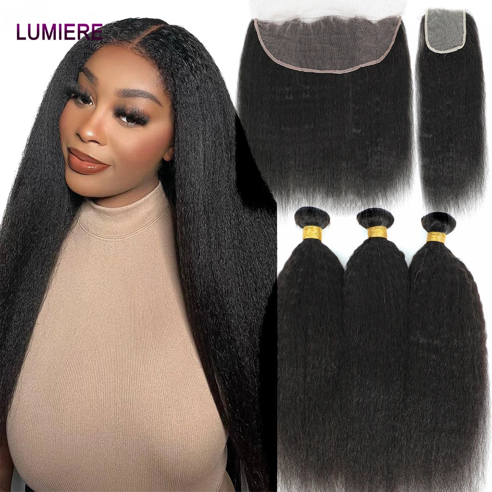 Kinky Yaki Straight Human Hair Bundles Closure Frontal HD Transparent Brazilian Deep