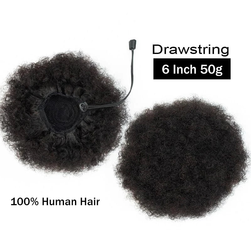 Human Hair Buns Ponytail Brazilian Afro Kinky Puffs Short Curly Drawstring Extensions