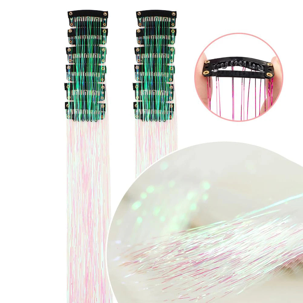 Clip-In Hair Tinsel Pack, Colorful Glitter Fairy Hair Extensions, 12 Pcs