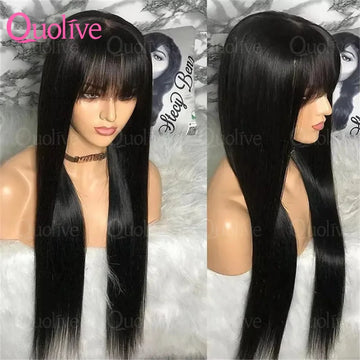 Bone Straight Human Hair Wig Bangs, 3x1 HD Lace Glueless Black Full