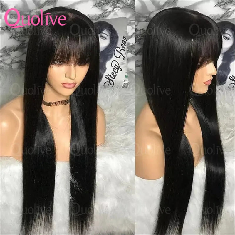 Bone Straight Human Hair Wig Bangs, 3x1 HD Lace Glueless Black Full
