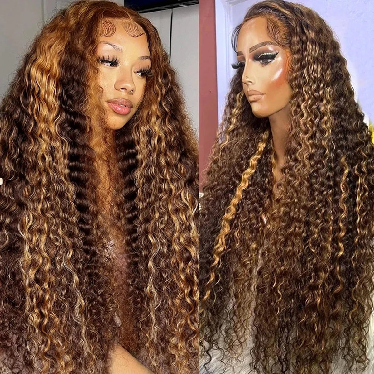 Honey Blonde Curly Wigs, 13x6 Glueless Highlight Human Hair Ready To Wear