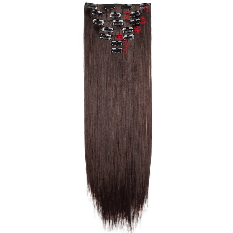24Inch Synthetic 7Pcs/set Long Straight Hair Extension 16Clips Hairstyle Black Blonde Hairpiece