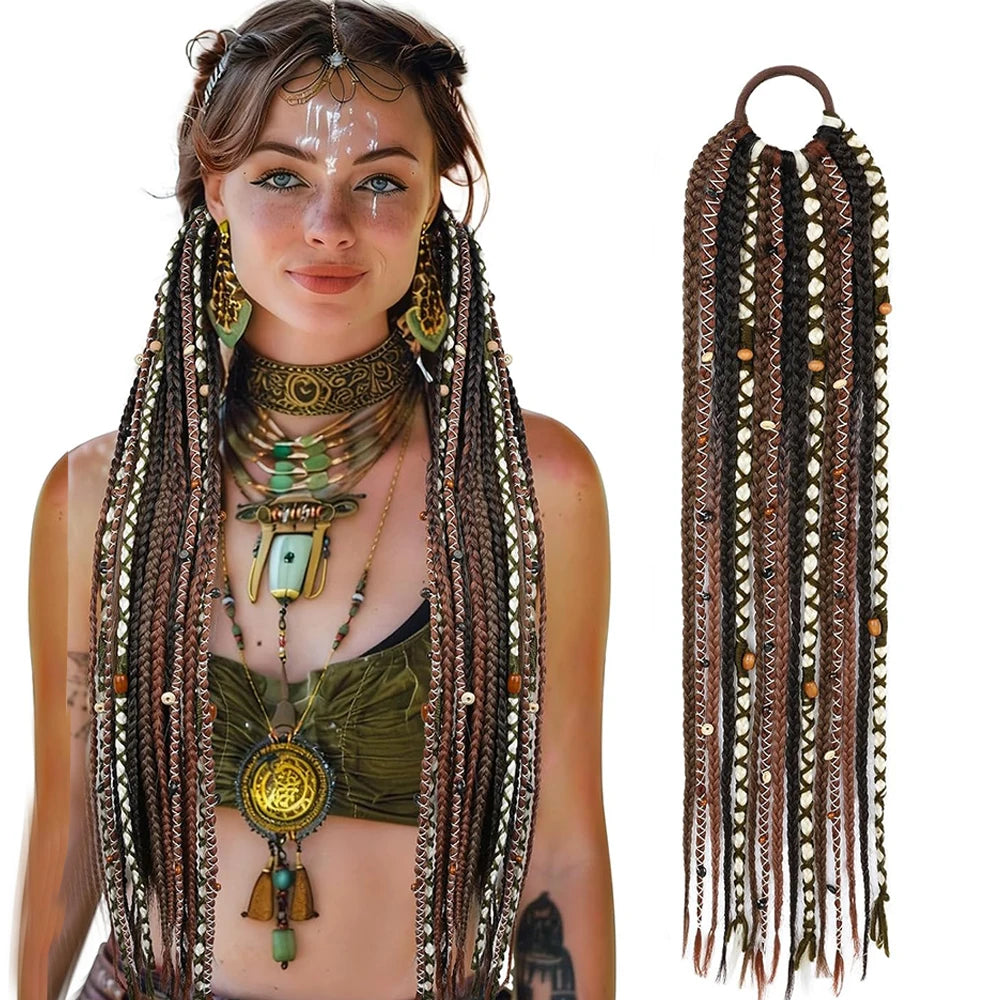 24" Boho Braided Ponytail Extension with Hair Tie Hand-Braided Viking Dreadlock Beaded Synthetic Hairpiece