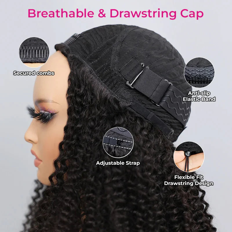 Afro Kinky Curly Human Hair Headband Wig — Glueless 3-in-1 Half Wig, 300% Density