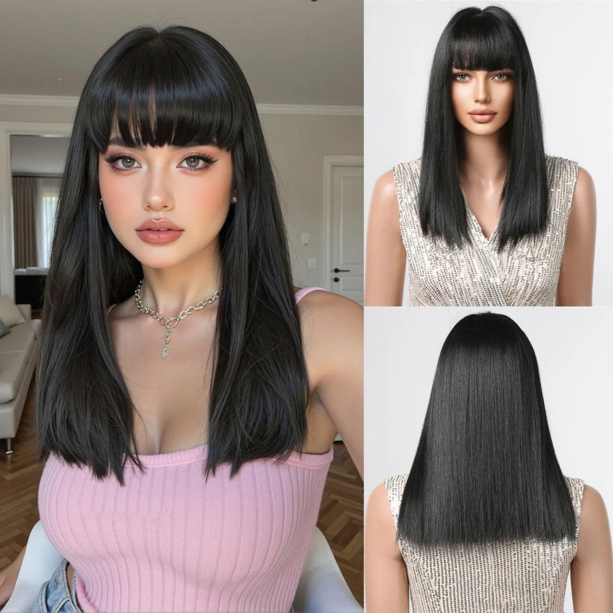 Blonde Straight Synthetic Wigs Bang Medium Length Natural Hair Daily Cosplay Heat