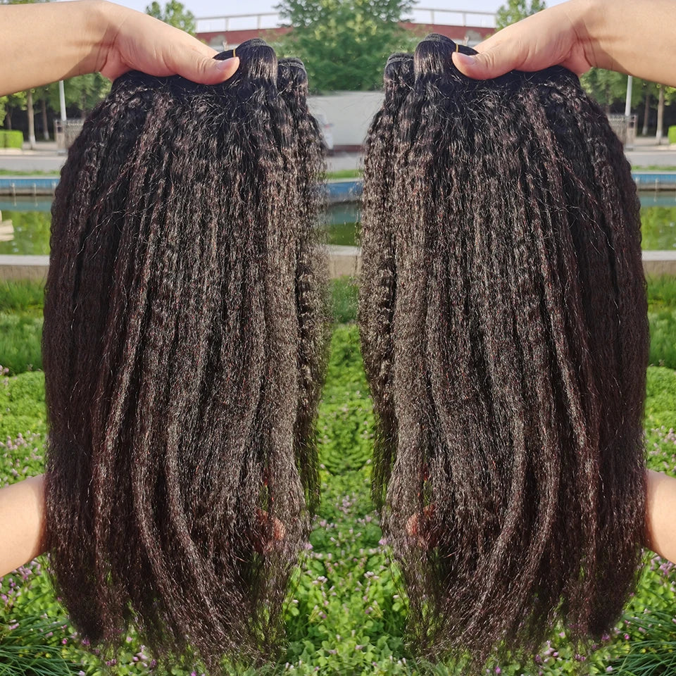 Kinky Yaki Straight Human Hair Bundles Closure Frontal HD Transparent Brazilian Deep