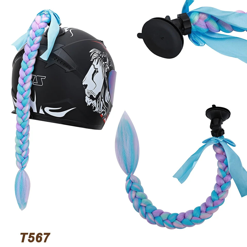 Synthetic Helmet Pigtails Gradient Ramp Braids Ponytail Hair Suction Cup Bowknot Motor