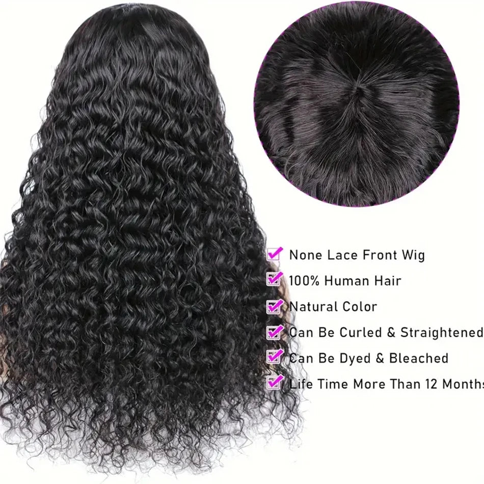 Long Water Wave Human Hair Wigs Bangs Glueless Fringe Kinky Curly Bob
