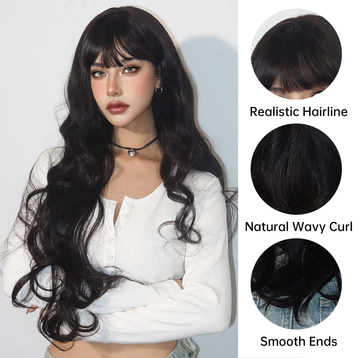Super Long Black Wavy Synthetic Wigs Bangs Afro Dark Water Wave Halloween