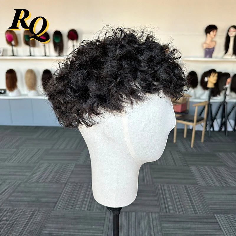 Curly Human Hair Toupee for Men — Pre-Cut Styled, Lace Base