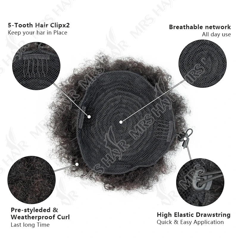 Curly Human Hair Ponytail Afro Kinky Puff Drawstring Bun Piece Clip in