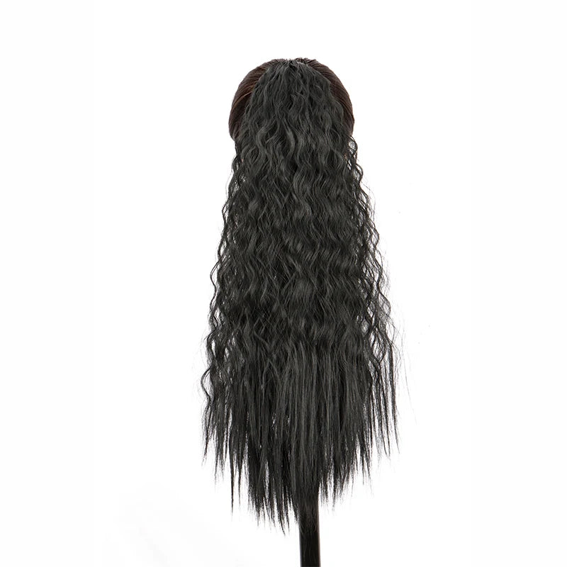 22Inch Synthetic Long Kinky Curly Ponytail Hair Extension Drawstring Wrapped Clip in Hair Black Hairpiece