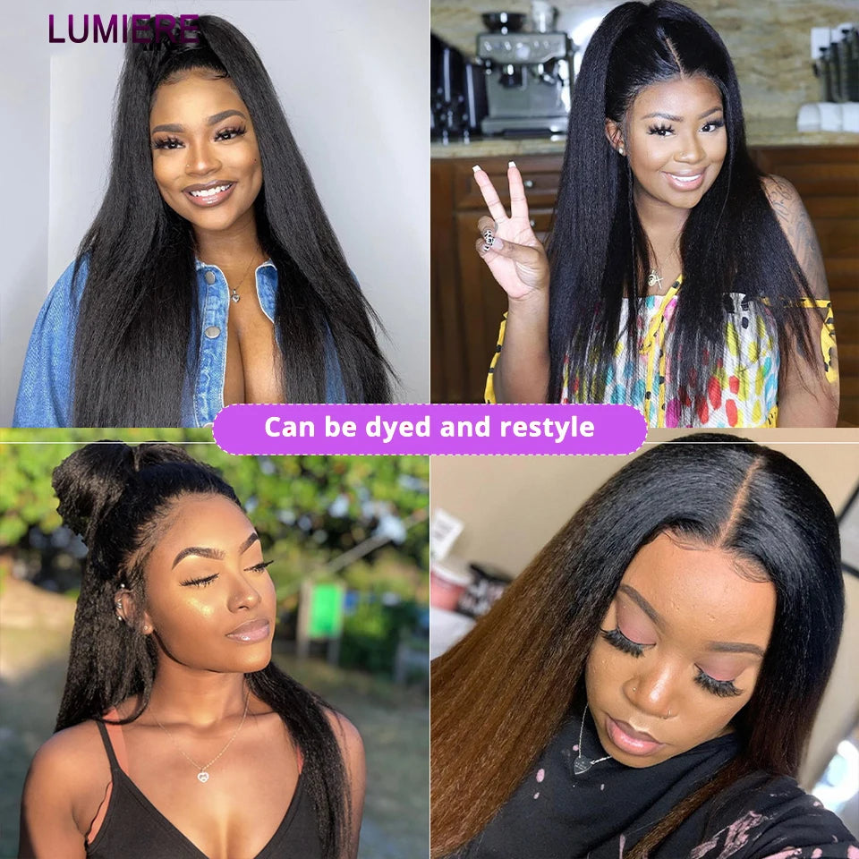 Kinky Yaki Straight Human Hair Bundles Closure Frontal HD Transparent Brazilian Deep
