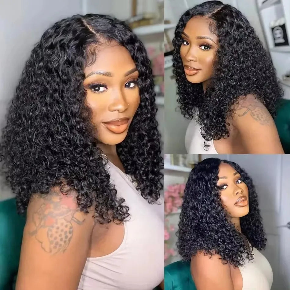 Deep Curly Black Color Short Bob Blunt Cut, 13x4 Lace Frontal Synthetic