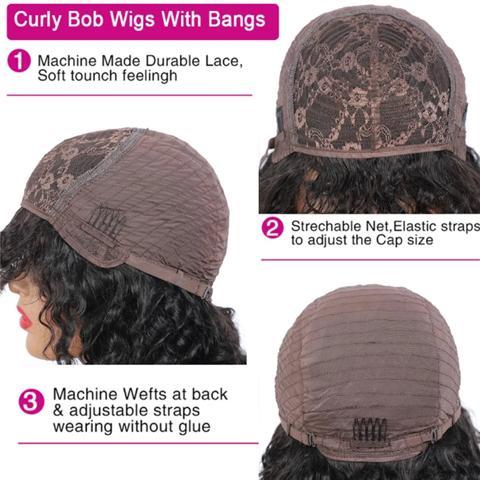 Long Water Wave Human Hair Wigs Bangs Glueless Fringe Kinky Curly Bob
