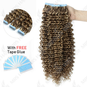P4-27 Deep Curly Wave Tape in Hair Extensions Human Cuticle Remy 14-24inch