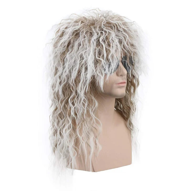 Long Curly Brown Gradient White Synthetic Wig 70s 80s Rocker Mullet Party