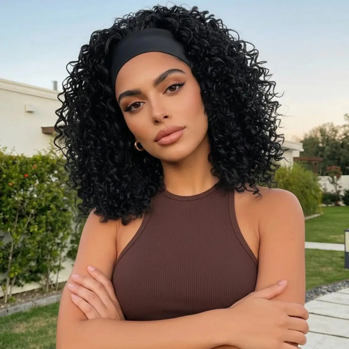 14 Inch Short Straight Headband Synthetic Natural Curly Black Wig, Suitable 's Daily Party Use with Heat-Resistan