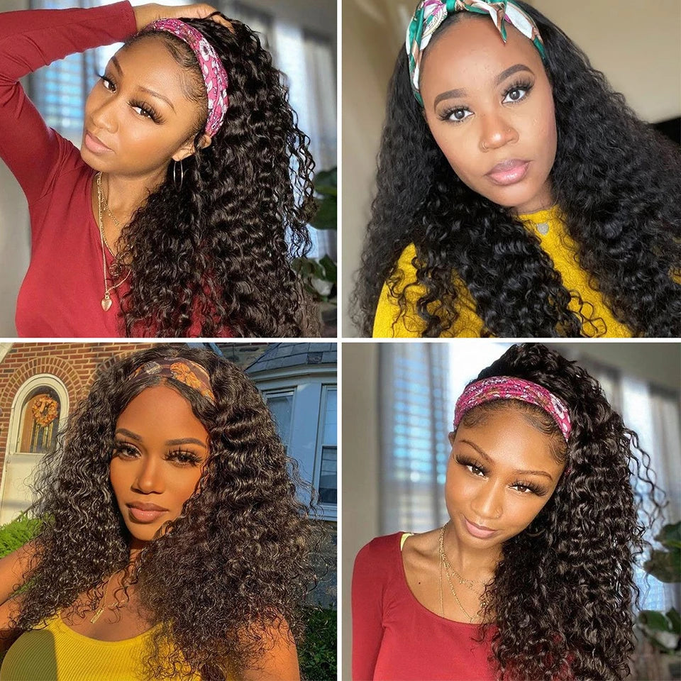 Deep Wave Headband Wigs Human Hair Pull Go Glueless Half Full Machine