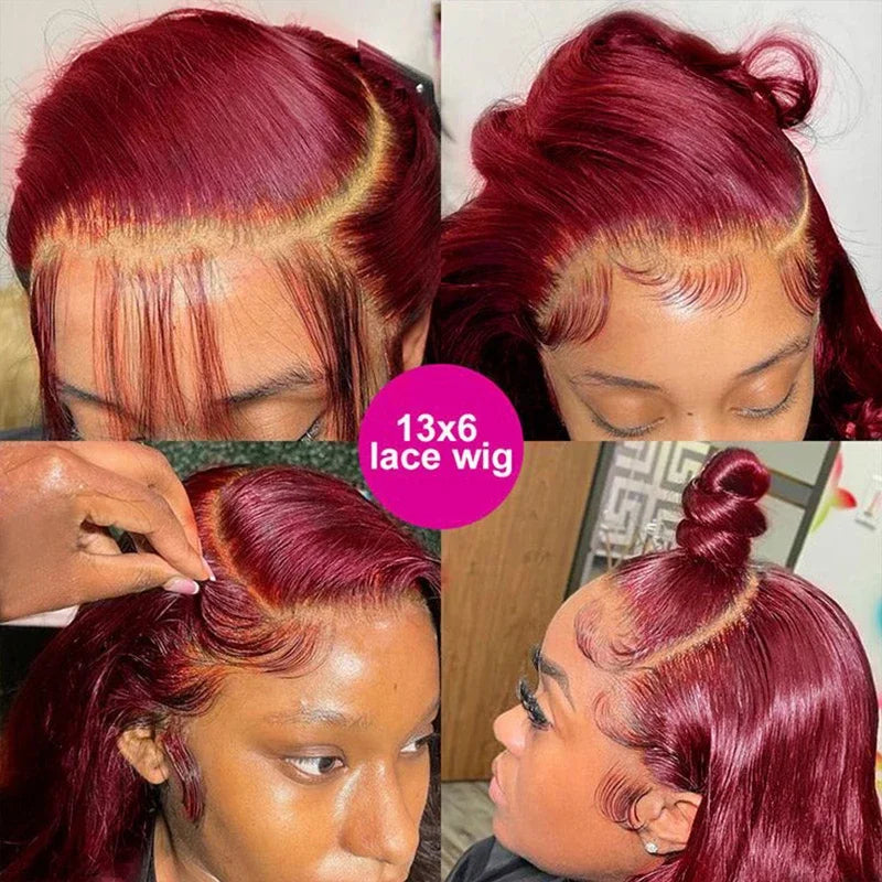 13x6 Peruvian Straight Hair HD Lace Front Wig Human 99J Burgundy Pre-plucked