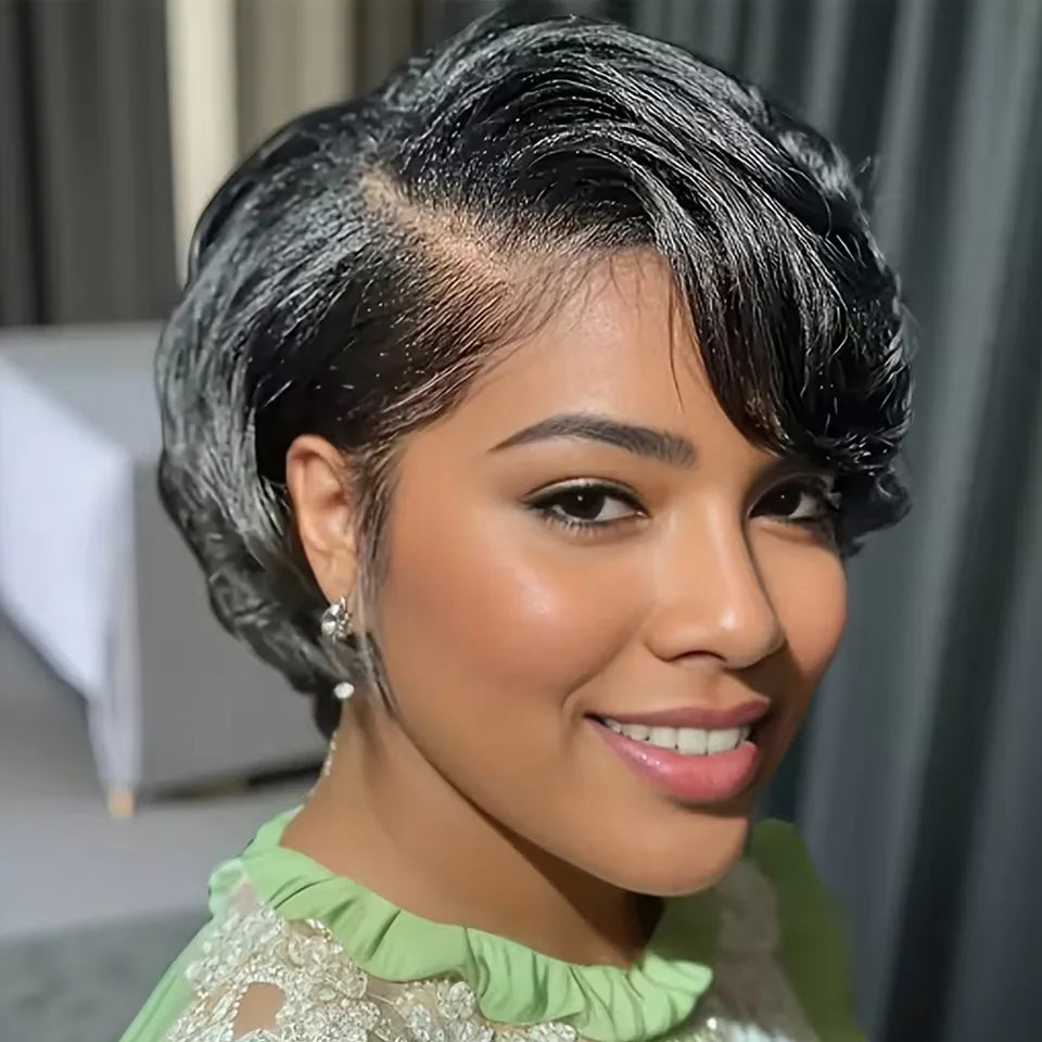 Glueless Straight Pixie Cut Human Hair Wigs Short Right Part Lace Natural
