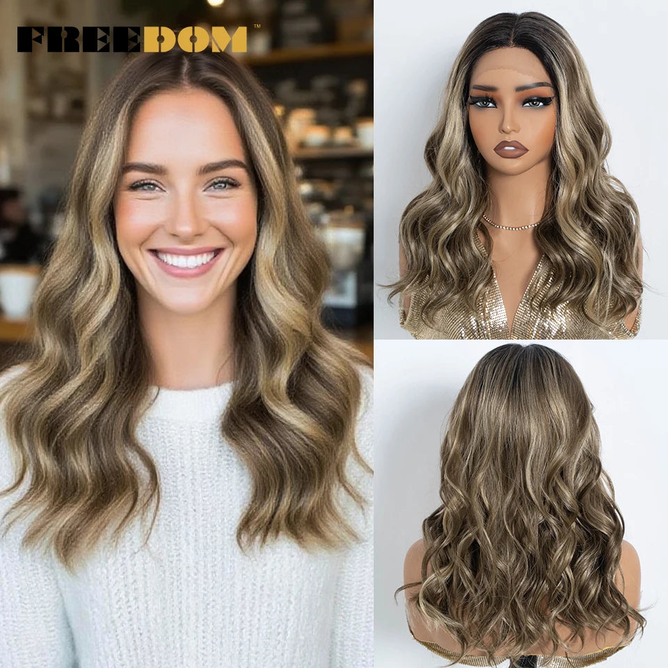 Highlight Synthetic Lace Front Wigs Natural Curly Wavy Ombre Brown Blonde Cosplay