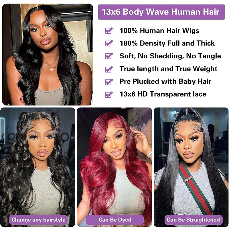 Body Wave Human Hair Lace Frontal Wigs 30inch Brazilian, 13x6 Loose Transparent