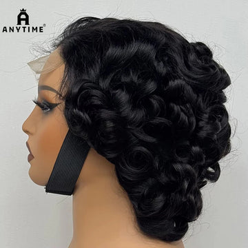 4x4 Lace Closure Wig Short Bouncy Texture Pixie Hair Real Human, 200%