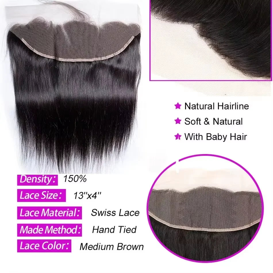 Raw Indian Straight Human Hair Bundles Closure Invisible Melt Skin, 4x4 HD
