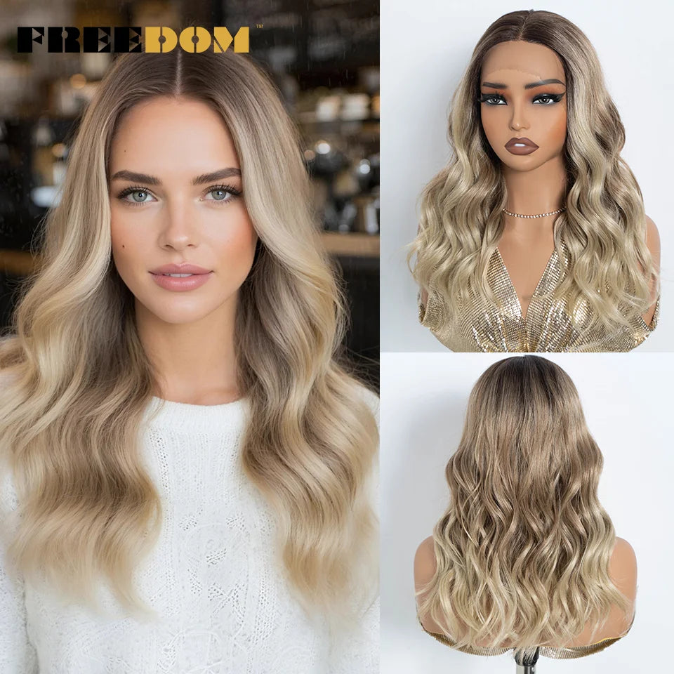 Highlight Synthetic Lace Front Wigs Natural Curly Wavy Ombre Brown Blonde Cosplay