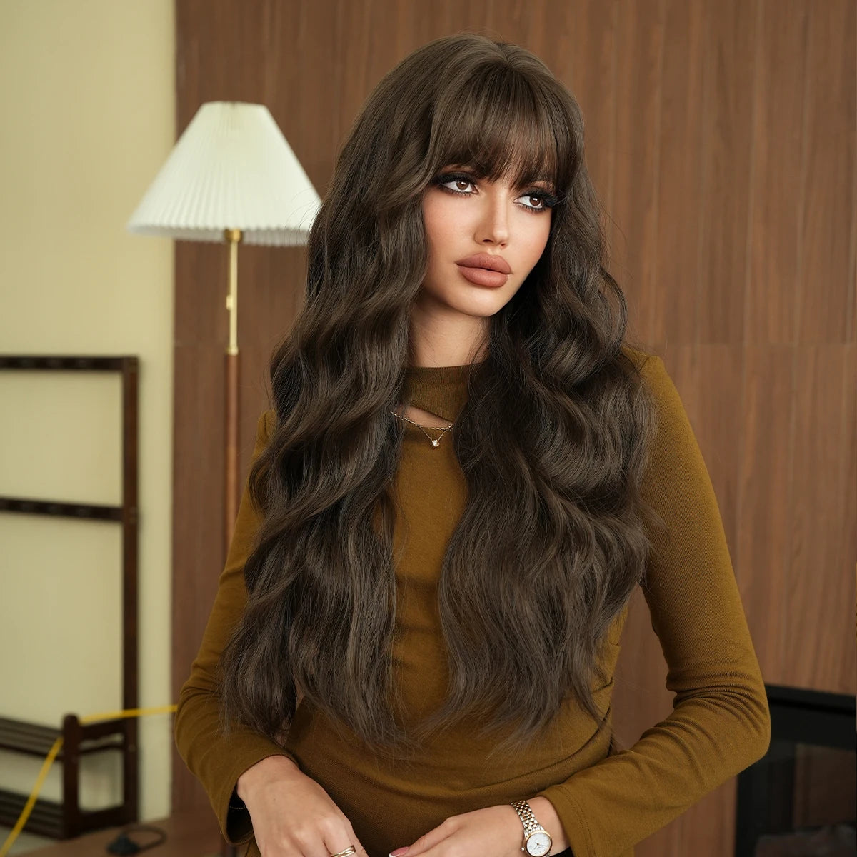 Long Wig Synthetic Wavy Light Brown Wigs Daily Party High Density Layered Wig With Bang