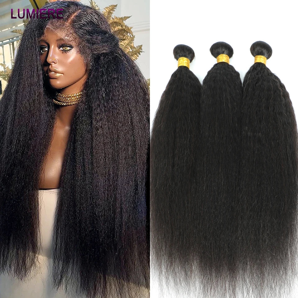 Kinky Yaki Straight Human Hair Bundles Closure Frontal HD Transparent Brazilian Deep