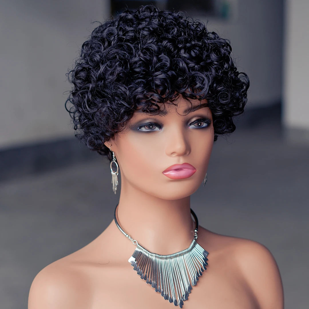 99J Red Rose Curly Short Bob Pixie Cut Human Hair Wig Ombre