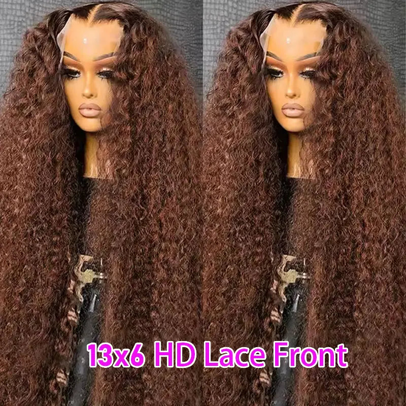Chocolate Brown 250% Density Curly Lace Front Wig, 13x6 HD Transparent Human