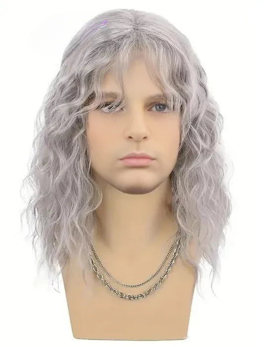 Synthetic Men's Wig Grey Natural Curly Bangs Water Wave Daily Or Cosplay