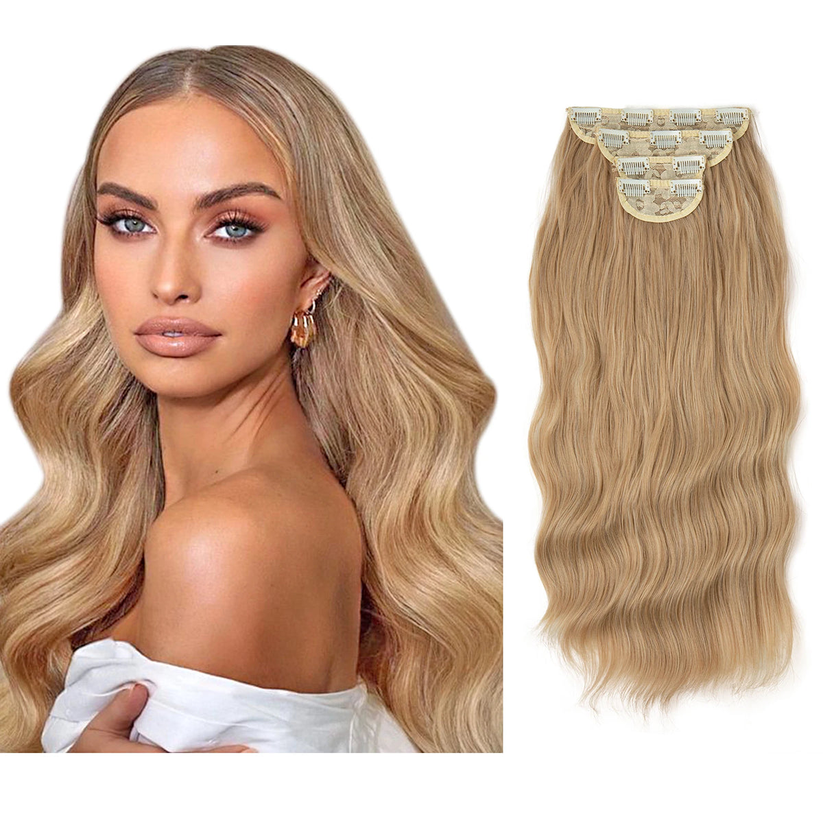 Synthetic Long Wavy Clip in Hair Extensions 22" Thick Hairpiece Brown Blonde