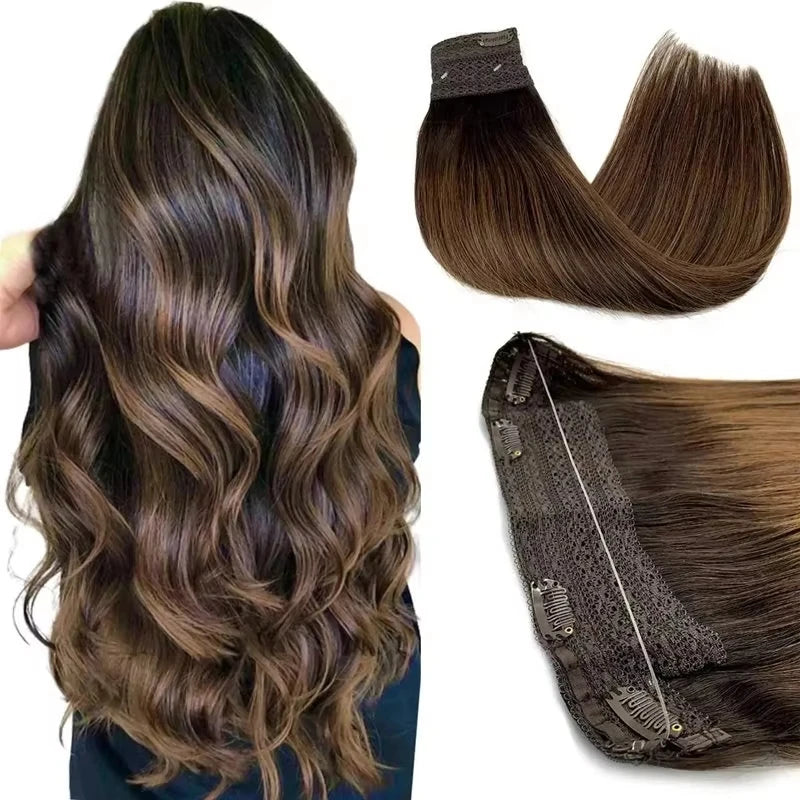 Wire in Hair Extensions Real Human Balayage Dark Brown To Chestnut Invisible