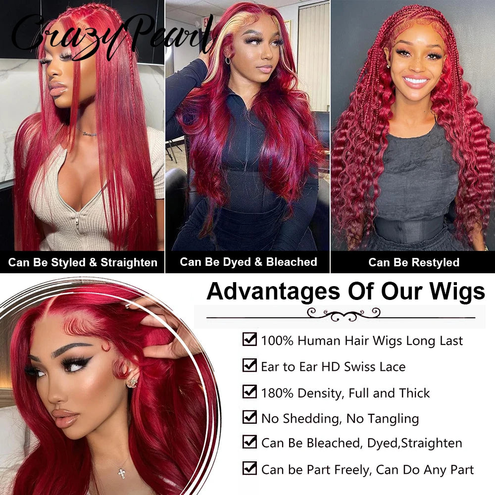 99J Burgundy 13x6 Lace Front Wigs Human Hair Red, 250% Density Body
