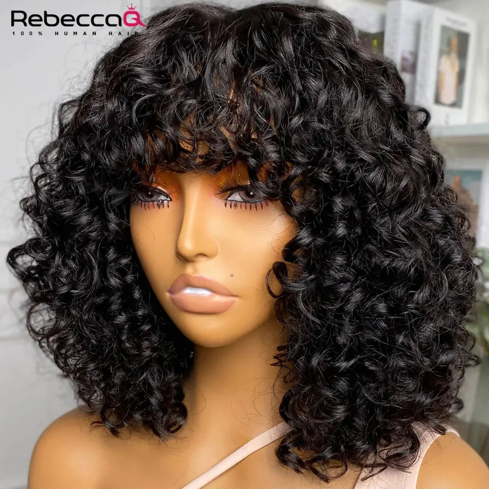 Jerry Curly Human Hair Wigs Bangs Full Machine Made Highlight Honey Blonde