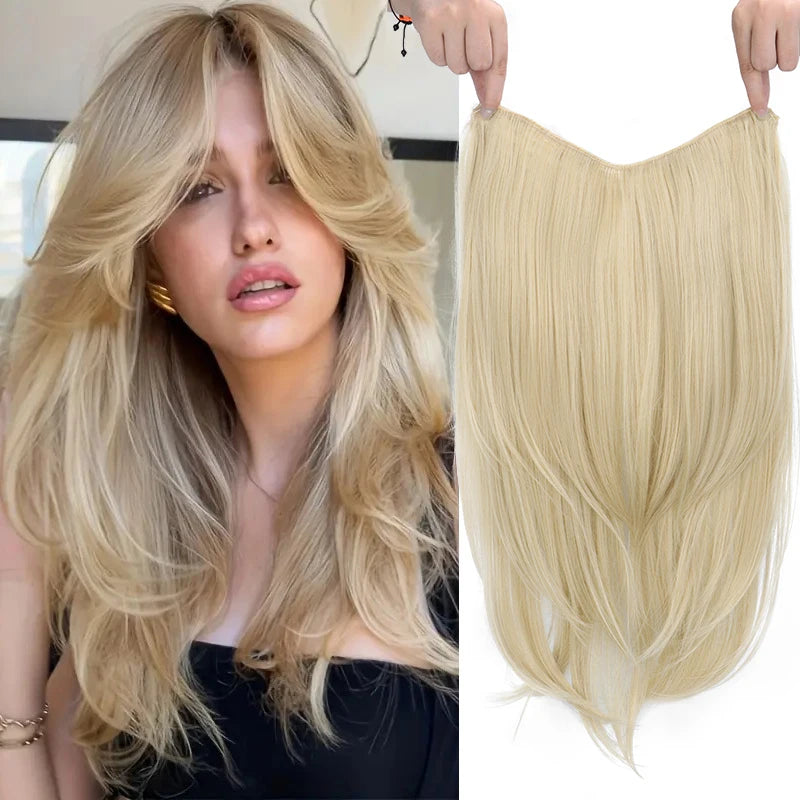 22Inch Synthetic Long Straight Layered Clip-in Hair Extension V-shaped Black Blonde Invisible Hairpiece